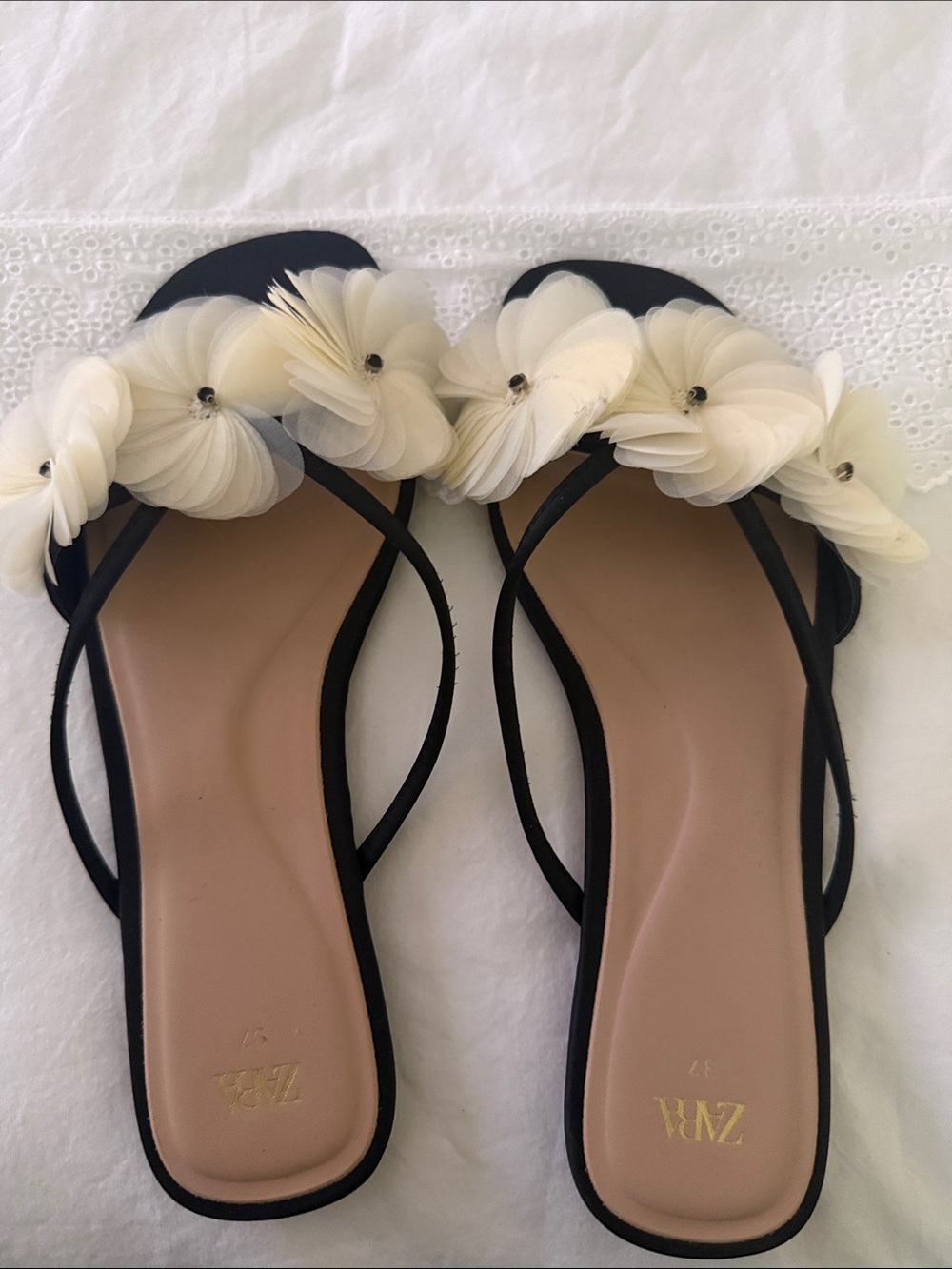 ZARA Black Slip-On Mules with Cream Floral Appliqués